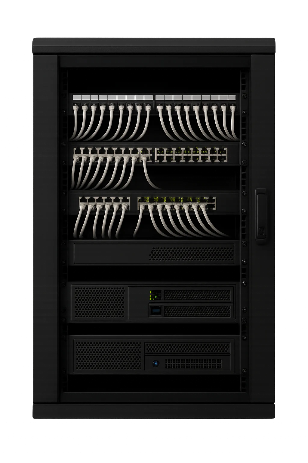 Strukturierter Netzwerkschrank mit Patchfeldern und Switches
